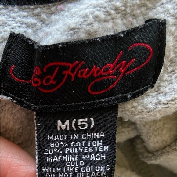 ED HARDY Graphic Cropped Hoodie Sweatshirt Jacket M Embelished Grey Black READ - Picture 3 of 15
